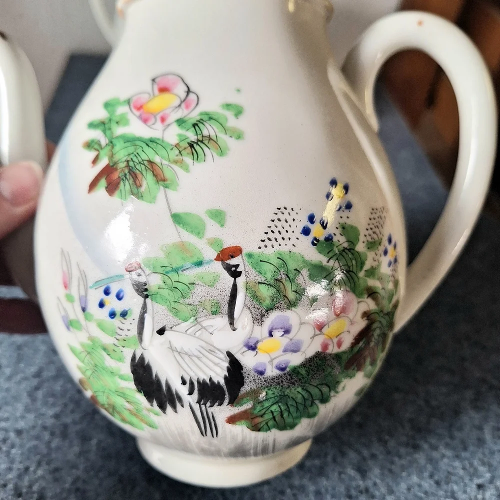 Vintage Japanese Kutani Ware Porcelain Red-Crowned Crane Tea Pot & Sugar Bowl